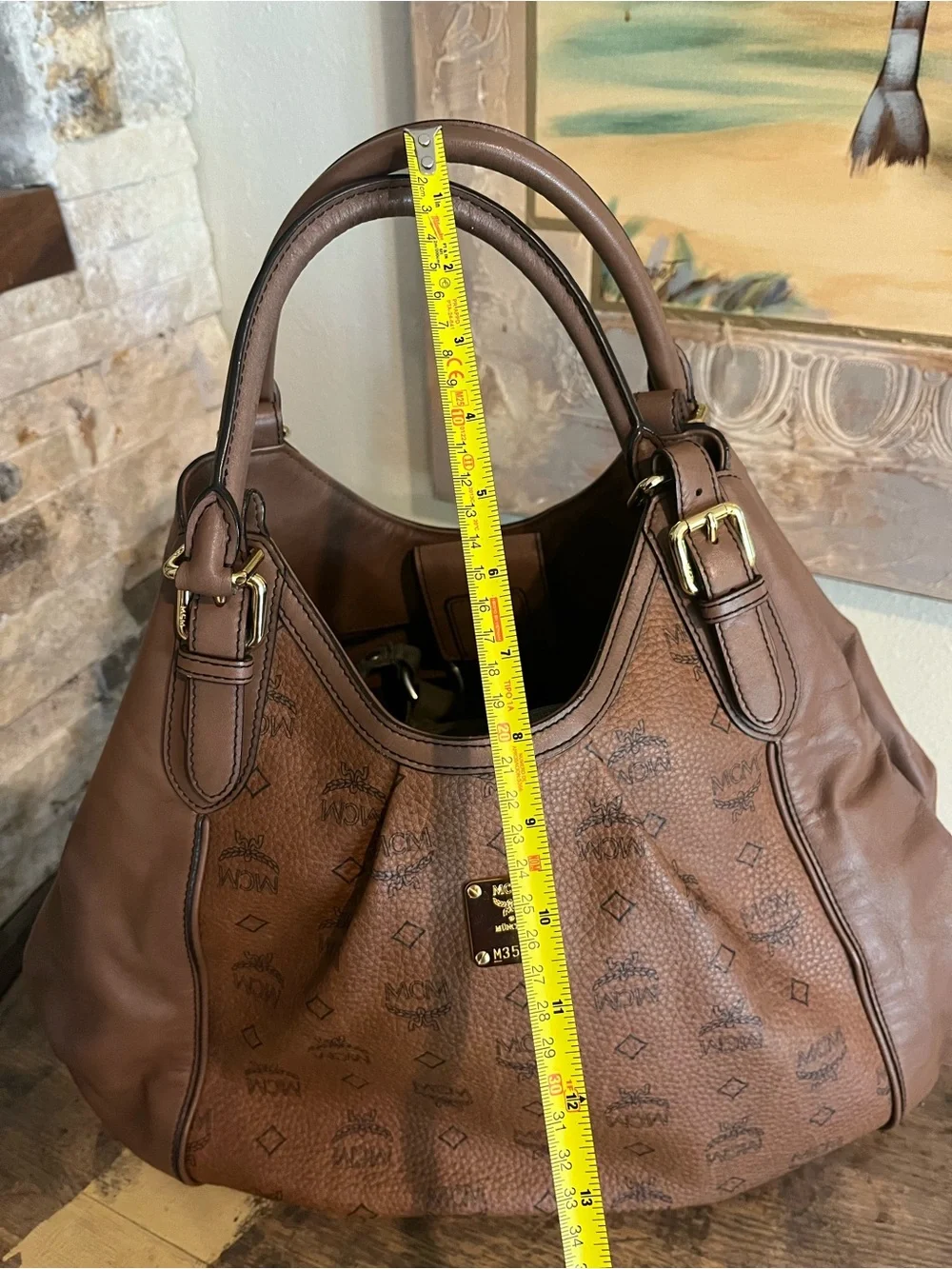 MCM Brown Cognac Monogram Leather Hobo Bag